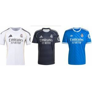 REAL MADRID, 2025/26, hazai/idegenbeli/harmadik (MBAPPÉ, VINI JR., BELLINGHAM) kép