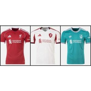 LIVERPOOL, 2025/26, hazai/idegenbeli/harmadik (SZOBOSZLAI, KERKEZ, M. SALAH) kép