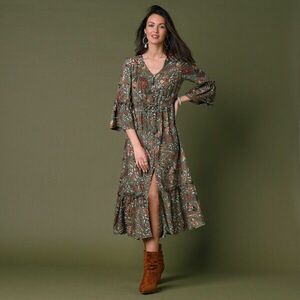 Hosszú nyomtatott ruha gombokkal és 3/4-es pagoda ujjakkal kép