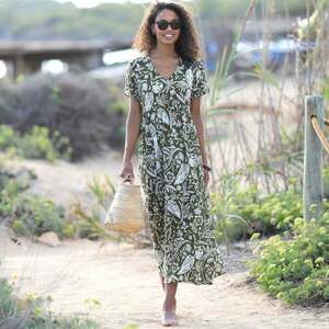 Crepon hosszú ruha V-nyakkal és nyomtatással kép