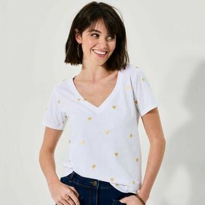 V-nyakú, rövid ujjú póló, all-over szív nyomtatással kép