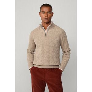 Pulóver Hackett London Lambswool Cable Hzip Malt Beige kép